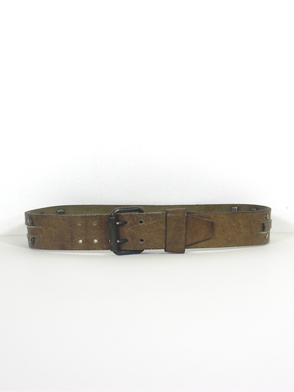 1970’s Wide Distressed Tan Leather Belt with Studs and a Double Prong Buckle